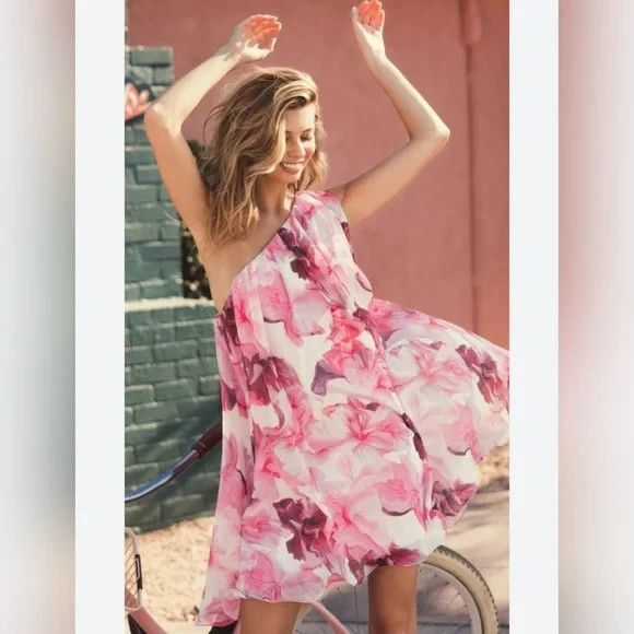 MAC DUGGAL PINK FLORAL PRINT ONE SHOULDER MINI DRESS NWT SZ 10 PINK $398 - Picture 1 of 9